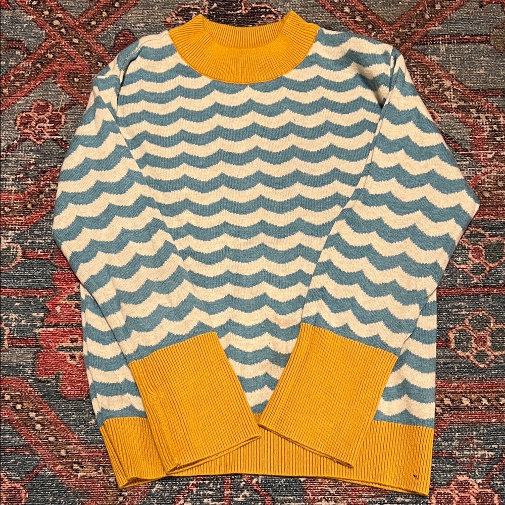 Little Green Radicals Blue and Cream Wave Sweater with Yellow Trim